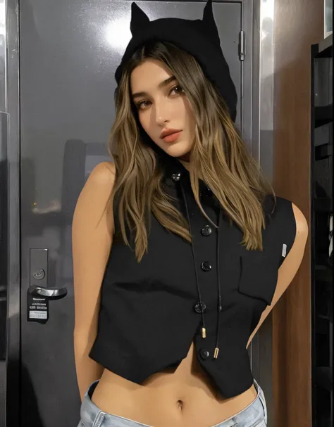 Mulher  arafa fantasiada de gato preto posando para uma foto, Bella Hadid, she is wearing a black tank top, julia sarda, taken in the early 2020s, usando uma regata preta cropped, usando uma regata cropped preta, angela sarafyan, foto da beleza gal gadot, ...