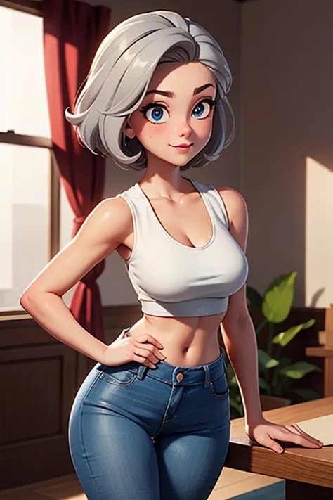 Super sexy Maria dressed （Low-cut and tight （Flared jeans））， （（White crop top top：1.5） Vest with exposed neckline）， Short hair, gray hair， photorealestic， photography of， （A high resolution）， （realisticlying：1.4）， （very intricate）， （exquisitedetails）， high...