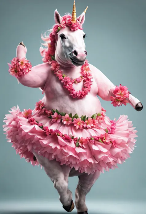 photorealistic portrait of Dressed animals - a fat  pink unicorn  hula dancer,(dancing), high quality,(lovely) intricate details highly detailed hula costume ,flower lay, studio lighting,(full body image:1.5)