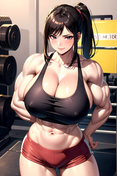 8k,Best Quality,masterpiece,Extremely detailed,realistic,1girl,japanese woman,(big breasts:1.2),cleavage,[[cameltoe]],toned and glamorous body,(Tank tops:1.3),(Hot Pants:1.3),ponytail,Brown hair,smirk,(Sweat on breasts),(fitness:1.3),looking at viewer,cowb...