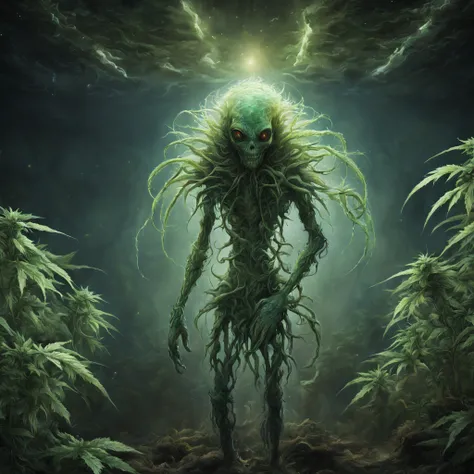 A realistic and futuristic biomechanical space alien discovers an inhospitable planet. Its very detailed and textured. We see the galaxy and a magnificent sunset The Marijuana vines crept across their skin, tendrils worming into pores, twining around limbs...