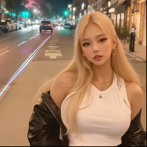 jennie blackpink blonde in white blouse and black leather jacket standing on the corner, imagem de perfil, menina perfeita de cabelos brancos, taken in the early 2020s, Angelina Stroganova, mulher sueca loira, Foto do perfil