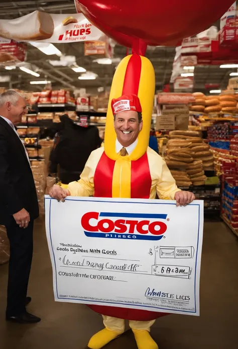 A photo of the CEO of Costco dressed as a costumed hotdog, holding a giant sign that says Hands off the $1.50 Costco Hotdog Price!,original,Costco CEO is Craig Jelinek, male