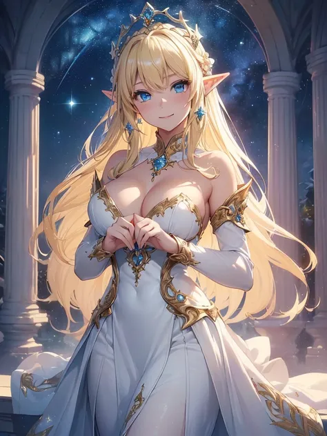 top-quality、Top image quality、​masterpiece、Good friends white dragon and elf、Elven Beauty、smil((24 year old、Best Bust、big bast、Bust 90,Beautiful blue eyes、,Blonde long hair、A slender、a closeup、Esbian、beautiful tiara、hiquality、beautiful white giant dragon、B...