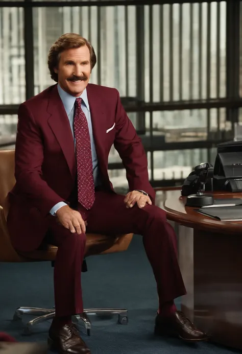 A photo of Ron Burgundy in the newsroom, adjusting his signature burgundy tie and flashing a confident smile at the camera.,Anchorman: The Legend of Ron Burgundy,Ron Burgundy is portrayed by Will Ferrell, characterized by his distinctive, well-groomed must...