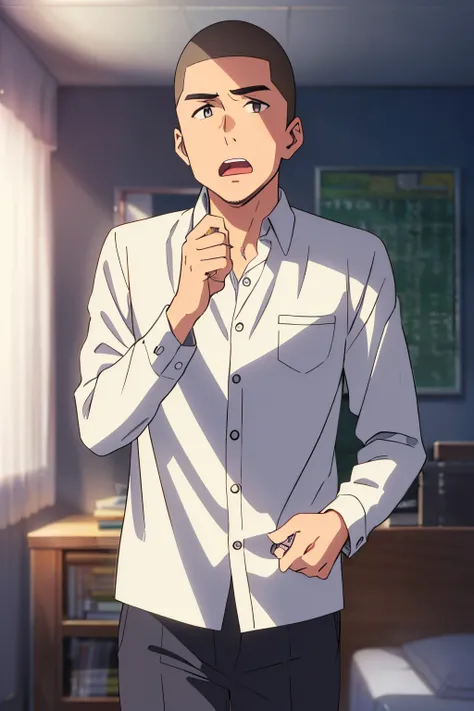 1boy, buzzcut, school uniform, long-sleeved white shirt buttons, gray pants, black eyes, bedroom, looking at the viewer, scratching head, open mouth