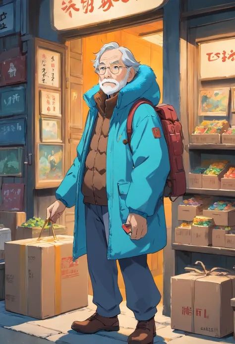 An old man in a down jacket stands holding a box