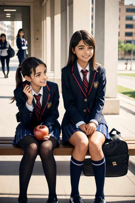 Dois adolescentes de 16 anos, wearing school uniform are in the school hallway talking sitting on a bench, one has a school bag and the other is eating an apple, Theyre smiling