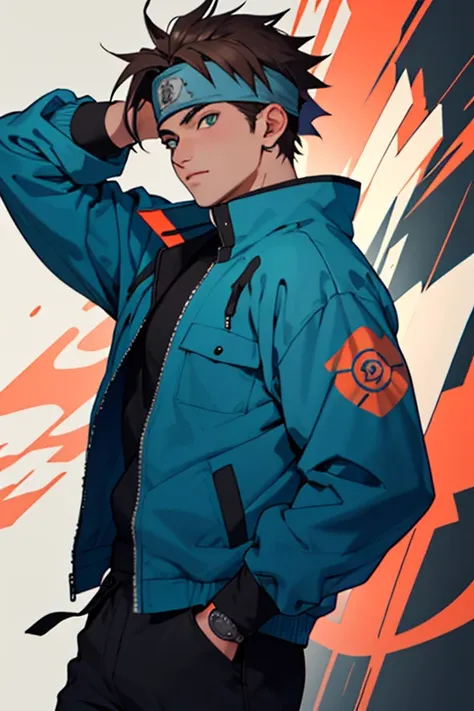 A European looking guy with messy straight brown hair. Handsome. High quality picture. With Naruto band. With beaver symbol on headband. Blue jacket. 4K quality.