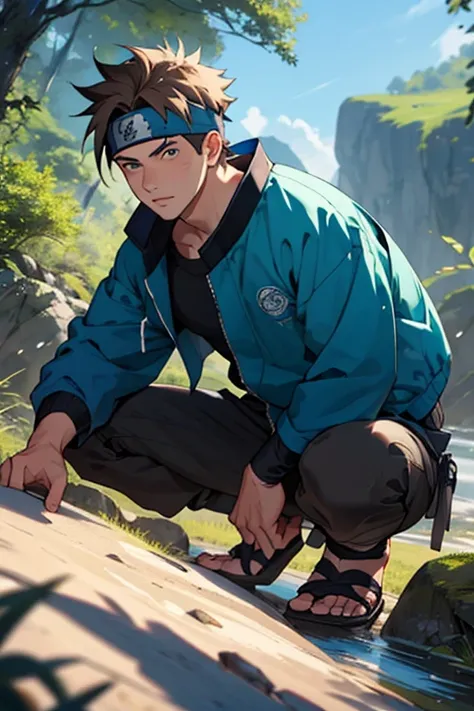 A European looking guy with messy straight brown hair. Handsome. High quality picture. With Naruto headband With beaver symbol. Blue jacket. 4K quality. In the nature.