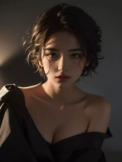 Best quality, masterpiece, ultra high res, (photorealistic:1.5), raw photo, 1girl, offshoulder, in the dark, deep shadow, low key, cold light, sexy look, short hair