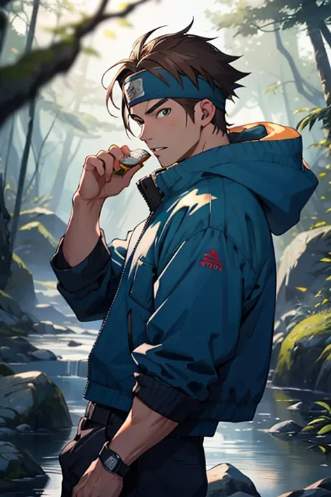 A European looking guy with messy straight brown hair. Handsome. High quality picture. With Naruto headband With beaver symbol. Blue jacket. 4K quality. In the nature. Chidori in one hand.