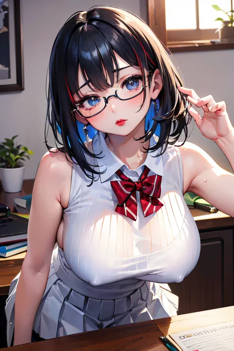 (((put on glasses))),((drooing eyes,Round face,Medium Hair,saggy tits)),(((Boys room,Hands on the table,Open a notebook))),((home tutor,Educational research)),(((puffy niples,The upper part of the body))),(Large breasts:1.3), Flowing sweat, narrow shoulder...