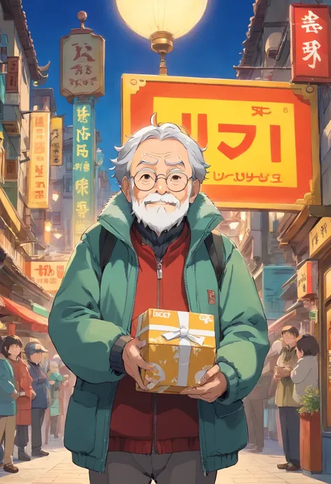 An old man wearing a down jacket stood with his head raised，holding a box in hand