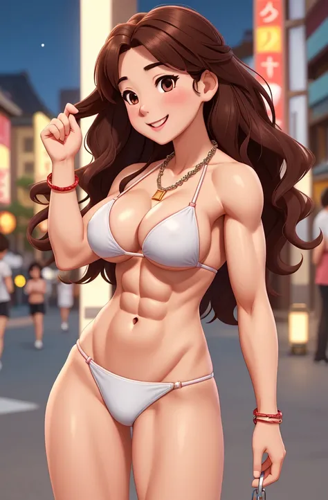 attractive korean woman, ripped muscle, muscular body, small breast, pale skin, smile(blush), bikini, thin chain necklace, sixpack abs, [ultra detailed skin:1.2], brown hair, wavy hair, 8k uhd, pussy, full body, crowd, public, night, standing,