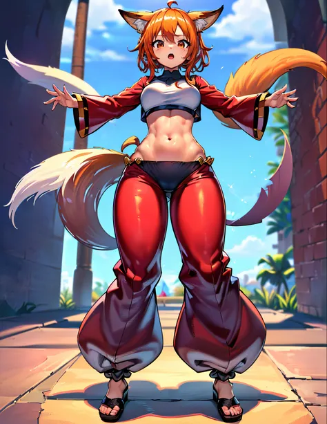 (best quality,4k,8k,highres,masterpiece:1.2),ultra-detailed, ((fox girl)), ((full body)), ((perfect body)), (((standing pose))), (((very baggy and long harem fighter pants))), ((pefect pants)), ((detailed pants)), ((perfect clothes)), ((fully detailed)), i...