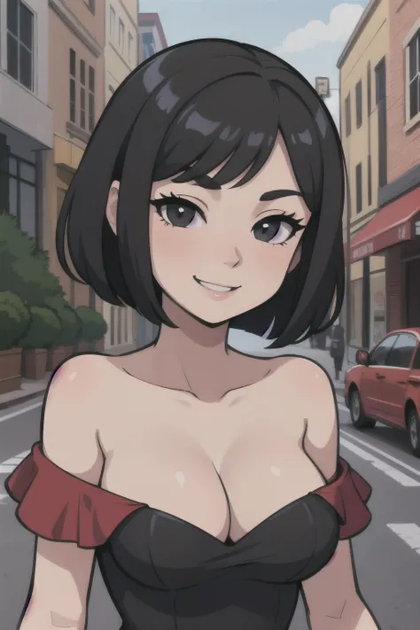 one-girl，medium breasts，cleavage，Bust photo，looks into camera，portrait, short black hair，bob cut, black eyes, strapless, Red and Black dress, Off-the-shoulder attire，City streets, smile, sunny day, 2D illustration, vector art.