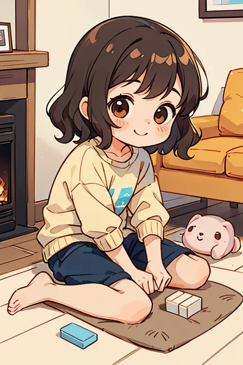 a five years girl、Smile big、short non-binary person, wavy brown eyes and hair、play by placing blocks on the floor、Simple modern living room background with fireplace