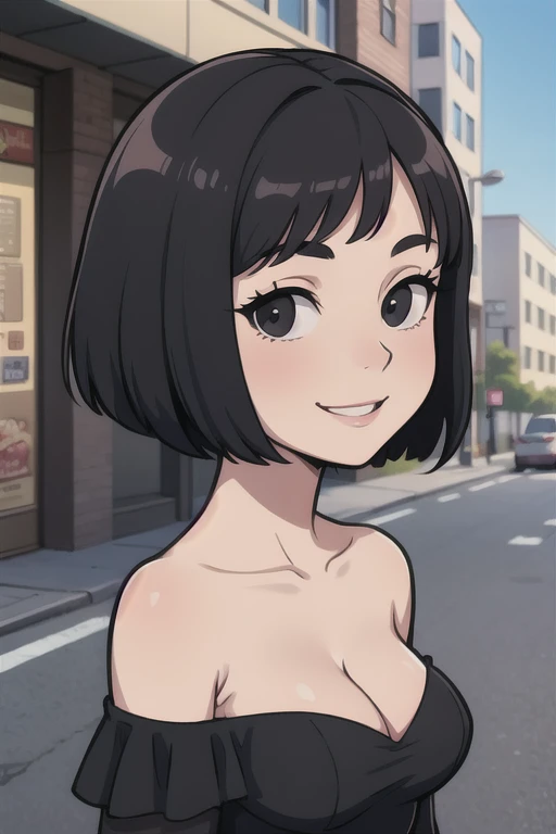 one-girl，medium breasts，cleavage，Bust photo，looks into camera，portrait, short black hair，bob cut, black eyes, strapless, Red and Black dress, Off-the-shoulder attire，City streets, smile, sunny day, 2D illustration, vector art.