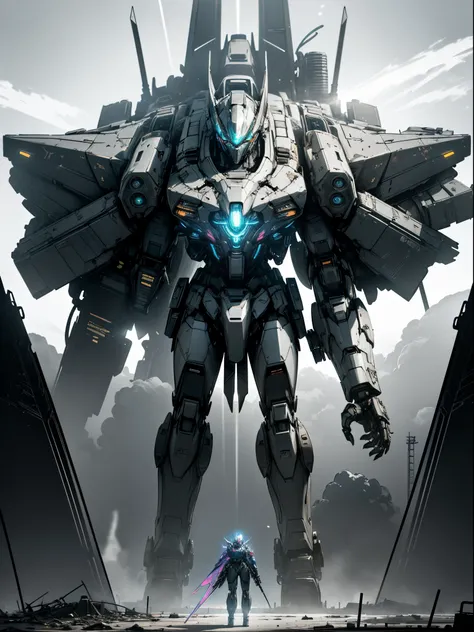 A giant gundamWing MECH, neon lit eyes, open mech wings, laser blade on the arm, badass mech, dark mech, (((in a post-apocalyptic setting))), full body, facing the viewer, {wallpaper of extremely detailed 16k CG unit}, expansive landscape photography, (a l...