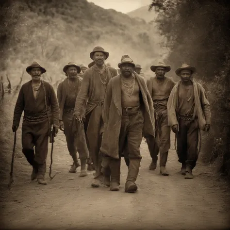 (Masterpiece) An ultrarealistic photography of a group of villagers walking down an old road holding a ((giant man in chains)), nomad, vintage sepia photography, very old and torned photo, ultrarealistic