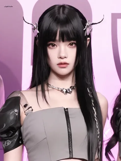 imagem arafada de uma mulher com chifres e um vestido, Retrato de Jossi de Blackpink, preto hime corte cabelo, Arte no estilo de Guweiz, Lalisa Manoban do Blackpink, jossi do blackpink, 1 7 - year - old anime goth girl, Lalisa Manobal, O corte Hime, branco...