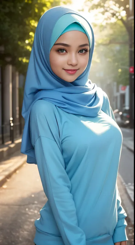 (night scene, close up photo of a sexy naked malay girl with hijab, posing, look at a camera and smile, blue pastel hijab, (green eyes:0.8), big tit, cute young face, 18 yo, soft volumetric lights, (backlit:1.3), (cinematic:1.3), intricate details, (ArtSta...