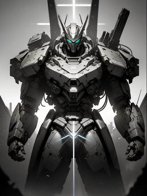 A giant gundamWing MECH, neon lit eyes, open mech wings, laser blade on the arm, badass mech, dark mech, (((in a post-apocalyptic setting))), full body, facing the viewer, {wallpaper of extremely detailed 16k CG unit}, expansive landscape photography, (a l...