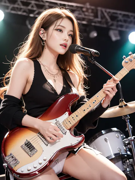 1womanl、(Super beautiful)、(beauitful face:1.5)、(playing drums:1.4)、(Black miniskirt:1.5)、with spreading legs、(Showing white panties:1.5)、make - up、light brown hair、a necklace、on stage at a concert、(At SFW:1.3)