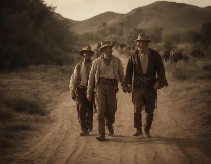 (Masterpiece) An ultrarealistic photography of a group of villagers walking down an old road holding a ((giant man in chains)), nomad, vintage sepia photography, very old and torned photo, ultrarealistic