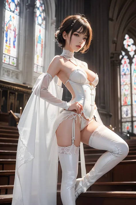 Japan maiden posing in pearl white leather corset,((small tits,well-shaped bust,slim body and constricted waist,,,,,,,,,,,,,,,,,,,,,,,,,,,,,,,)),,,,,,,,, (((Absolute full-length images,Upright Pose、front-facing view))),honey birdette, White silk bra＆pantiy...