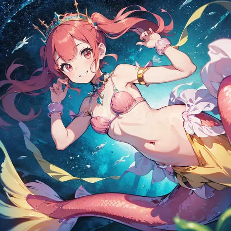 Pretty 15 years old princess magically transformed into a beautiful mermaid, race swap, none human, fish like, long mermaid tail below waistline, pointy ears, red fish scales on skin, drawn in anime style, very long pigtails red hair, sharp teeth, is smili...