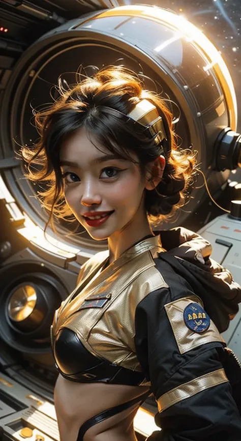 Astronaut style bikini and clear helmet, with a group of soldiers behind her, beautiful sci-fi art, beautiful smile, waiting for a kiss, turning and looking at the camera, space warrior, sunrise over solar punk city, stoner rock, mars invasion 2 0 3 3 - 2 ...