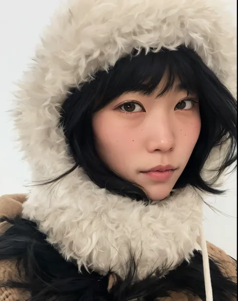 arafa woman wearing furry hat and hooded scarf, franja fofa, gemma chen, Lulu Chen, Asian face, franja branca, capuz de pele, pelo fofo fofo, Shikami, louise zhang, cara peluda, Wenfei Ye, young cute wan asian face, frio como gelo! 🧊, cara fofa, Masami Sud...