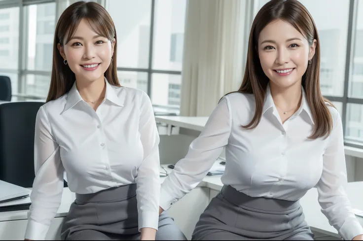 ((Best Quality, 8k, Masterpiecedetails, ultra-high resolution)), (looking at the viewer), (full shot:), attractive business 5 milfs, 5 people, a bit chubby:0.25, white collared shirt, grey skirt, (sitting on office desks)), smile, office of CEO,