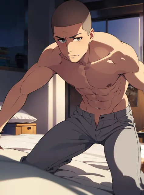 1boy, buzzcut, muscular, topless, gray pants, crawling, facing the viewer, crawl position, bedsheet, bedroom,