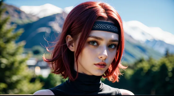 cosmieyes, british, kallen stadtfeld, blue eyes, headband, ((red hair)), short hair, bandana, sleeveless, sleeveless turtleneck,...