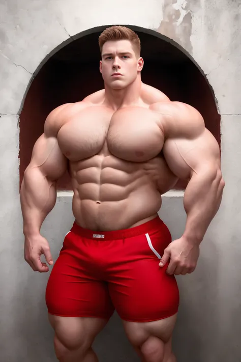 30 years old man, Vestida con pantalones cortos rojos posando para una foto frente a una pared., hombros desnudos de culturista, huge muscles, 295 libras, Contornos definidos, simetry; fotorrealista, rostro definido con proporciones perfectas, (cara cuadra...