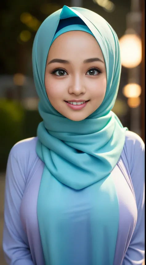 (night scene, close up photo of a sexy naked malay girl with hijab, posing, look at a camera and smile, blue pastel hijab, (green eyes:0.8), big tit, cute young face, 18 yo, soft volumetric lights, (backlit:1.3), (cinematic:1.3), intricate details, (ArtSta...