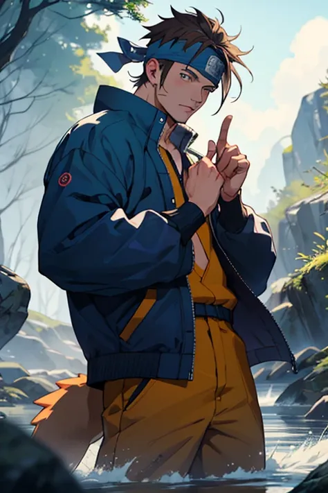 A European looking guy with messy straight brown hair. Handsome. High quality picture. With Naruto headband With beaver symbol. Blue jacket. 4K quality. In the nature. Electricity in one hand.