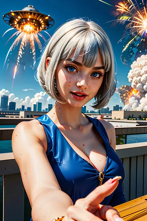 (tmasterpiece, best quality:1.2),(high_resolution:1.2),(ultra details:1.2),extreme quality,sharp focus,(bright colors:1.3), (((2 beautiful school girls taking face selfie instagram photo))), expression of surprise face, smile, scream,(white hair), (bangs:1...