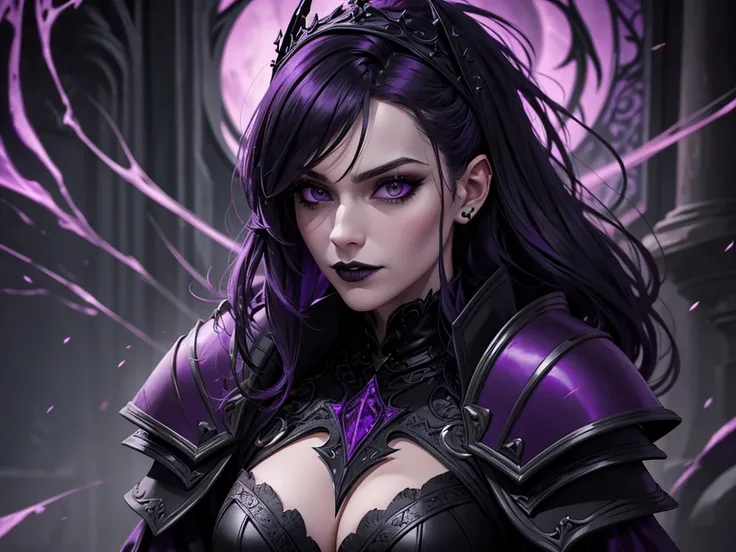 An adult vampire wizard character wearing a very detailed and beautiful gothic armor in black and purple color. Seu cabelo com corte em estilo curto, black lip color, cor roxa dos olhos;, manto, capuz, caminhando, 8k, Magnificent, Black and purple Gothic a...