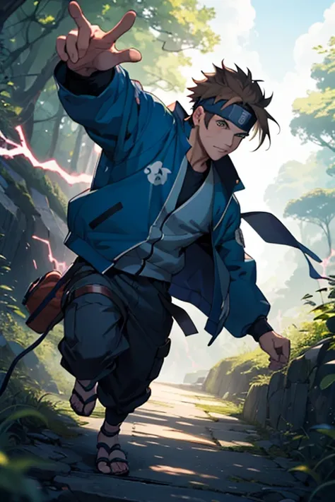 A European looking guy with messy straight brown hair, Handsome, High quality picture, With Naruto headband With beaver symbol, Blue jacket, 4K quality, In the nature, Electricity in one hand,