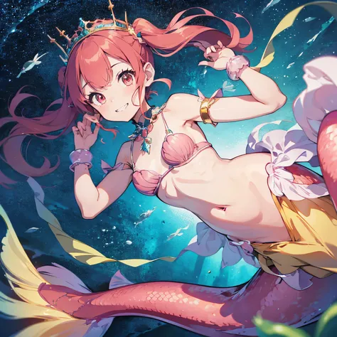 Pretty 15 years old princess magically transformed into a beautiful mermaid, race swap, none human, fish like, long mermaid tail below waistline, pointy ears, red fish scales on skin, drawn in anime style, very long pigtails red hair, sharp teeth, is smili...