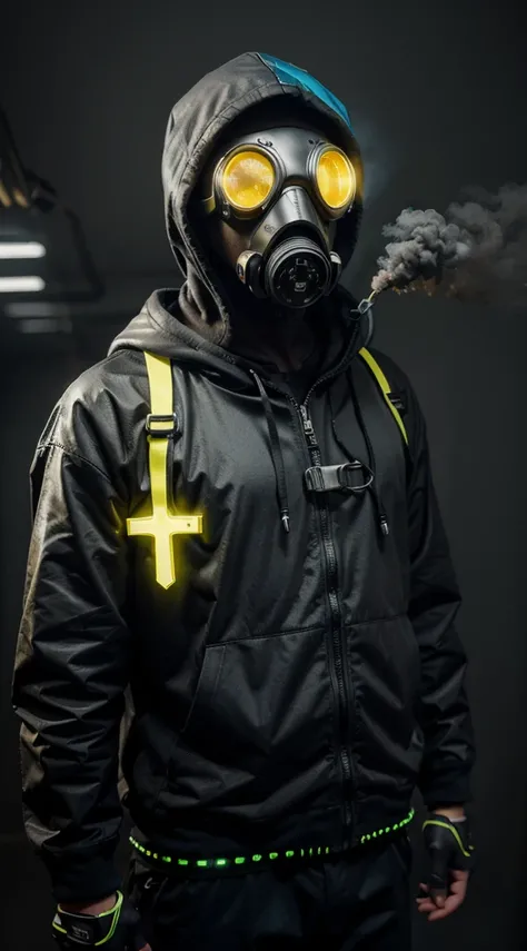 Man in hood and futuristic yellow colored cyberpunk style gas mask holding a futuristic yellow colored cyberpunk style ax and very bright blue colored LED lights on his costume and gray background and lots of smoke