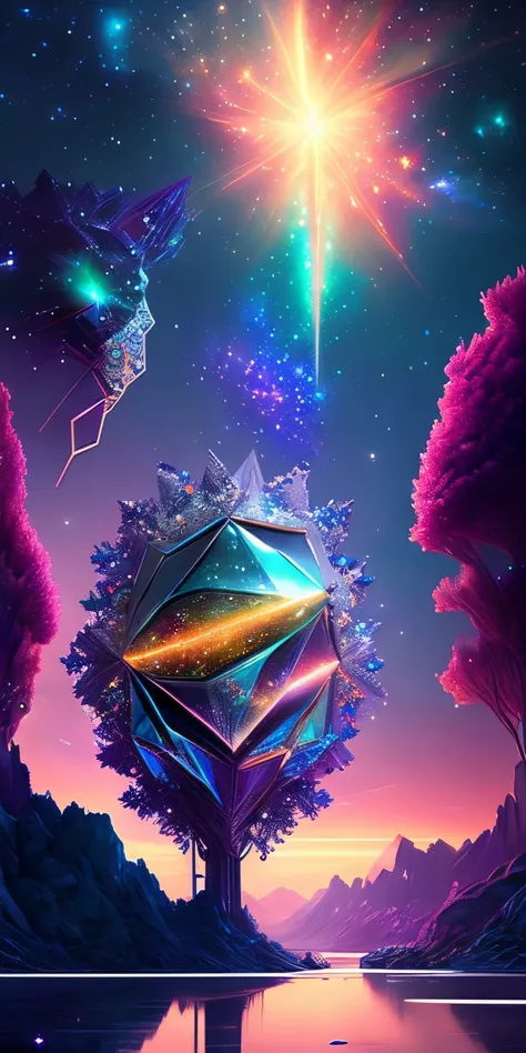 (Starlight Art:1.5)，Dreams of happiness，Bright starlight，bismuth，is very beautiful，inspiring，Iridescent，Suggestive digital art，lavishly decorated，Bio-luminescence，ellegance，Picturesque，hyper-detailing，Exquisite；复杂、surreal concept art，aesthetics，Fluency，com...