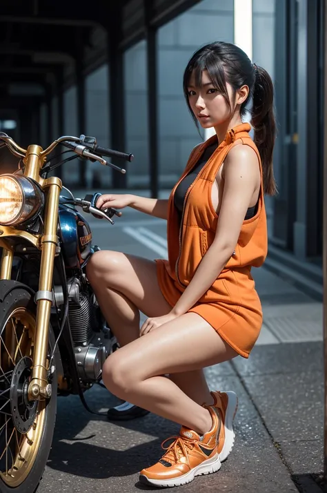 Masterpiece, full figure, best quality, Young Japanese girl, beautiful, full naked, sexy, wearing only an orange winter padded vest, and nothing else, dress Just Orange vest, straight black hair, tied in an intricate side pigtail, wearing orange sneaker, o...