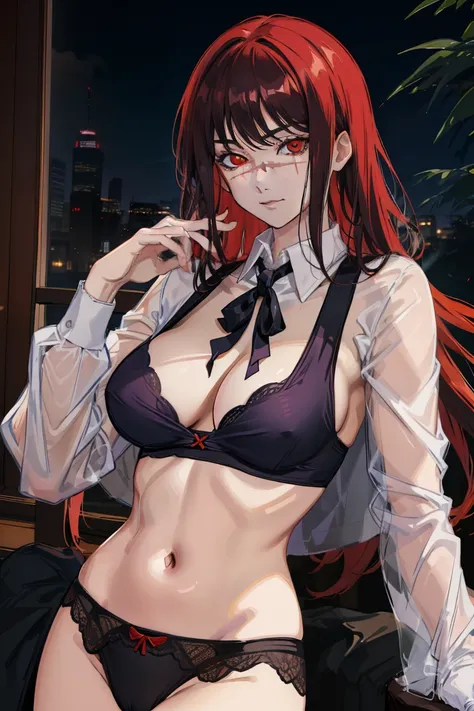 anime, hdr, soft light, ((best quality)), ((masterpiece)), (detailed), Yoru(Chainsaw man), red eyes, red ribbon hair ornament, (colored eyelashes:1.1), black lingerie, cleavage, navel, looking at viewer, seductive smile, hand on own face, captivating pose,...