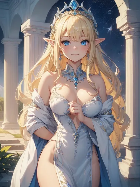 top-quality、Top image quality、​masterpiece、Friends White Dragon and Elf、Elven Beauty、smil((24 year old、Best Bust、big bast、Bust 90,Beautiful blue eyes、,Blonde long hair、A slender、a closeup、Esbian、beautiful tiara、hiquality、beautiful white giant dragon、Beauti...