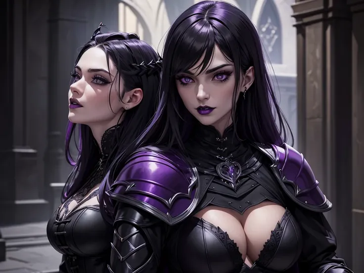 An adult vampire wizard character wearing a very detailed and beautiful gothic armor in black and purple color. Seu cabelo com corte em estilo curto, black lip color, cor roxa dos olhos;, manto, capuz, caminhando, 8k, Magnificent, Black and purple Gothic a...